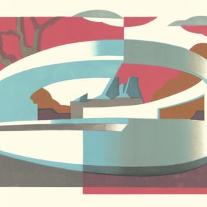 Linocut of Lubetkin modernist Penguin Pool at London Zoo by architectural printmaker Paul Catherall