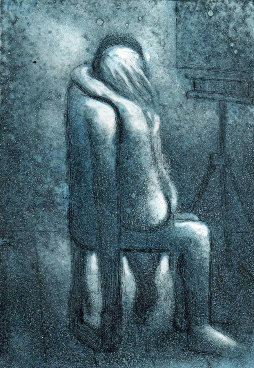Evocative print in blue tones featuring a couple, the man envisioned as a supportive chair to the woman, whose arms are clasped around his neck