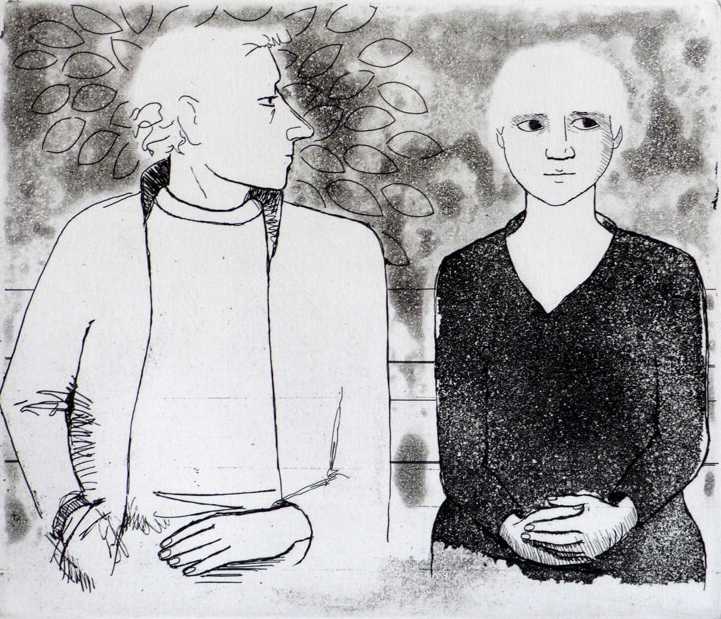 Black and white etching of a couple on a park bench, the man seemingly about to propose to the woman