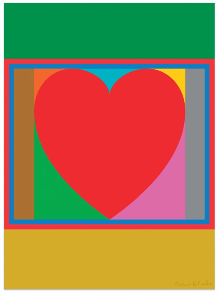 Peter Blake Pop Art screenprint of a red heart on a bright, graphic abstract background