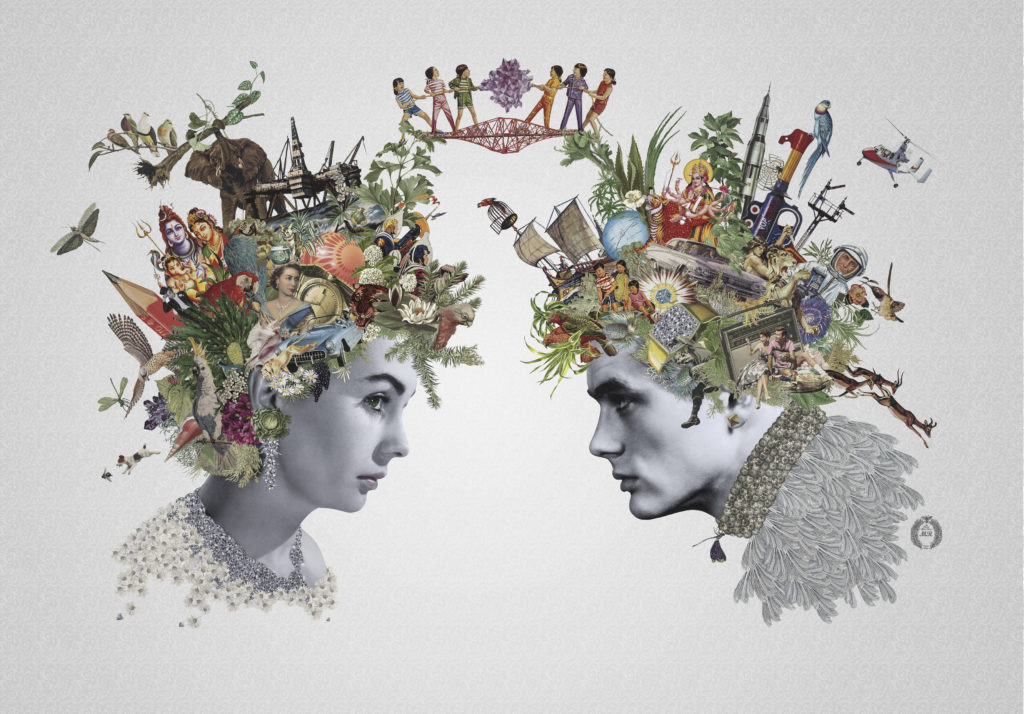 Collage print of James Dean and Jean Simmons with elaborate technicolour floral headdresses 