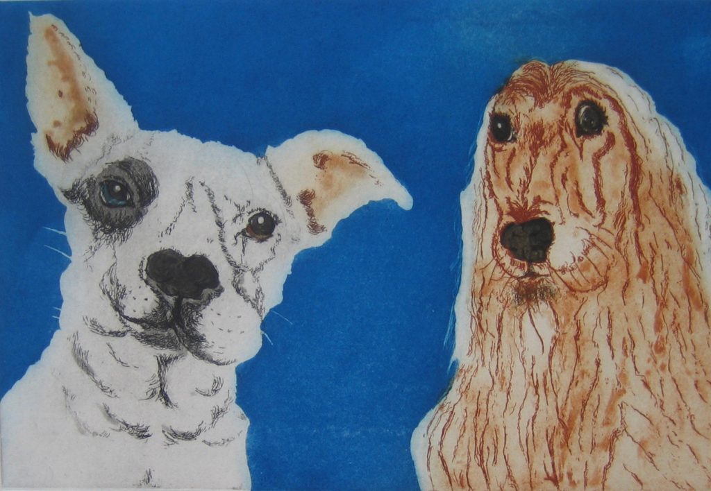 Etching of London dogs b y printmaker Sonia Rollo