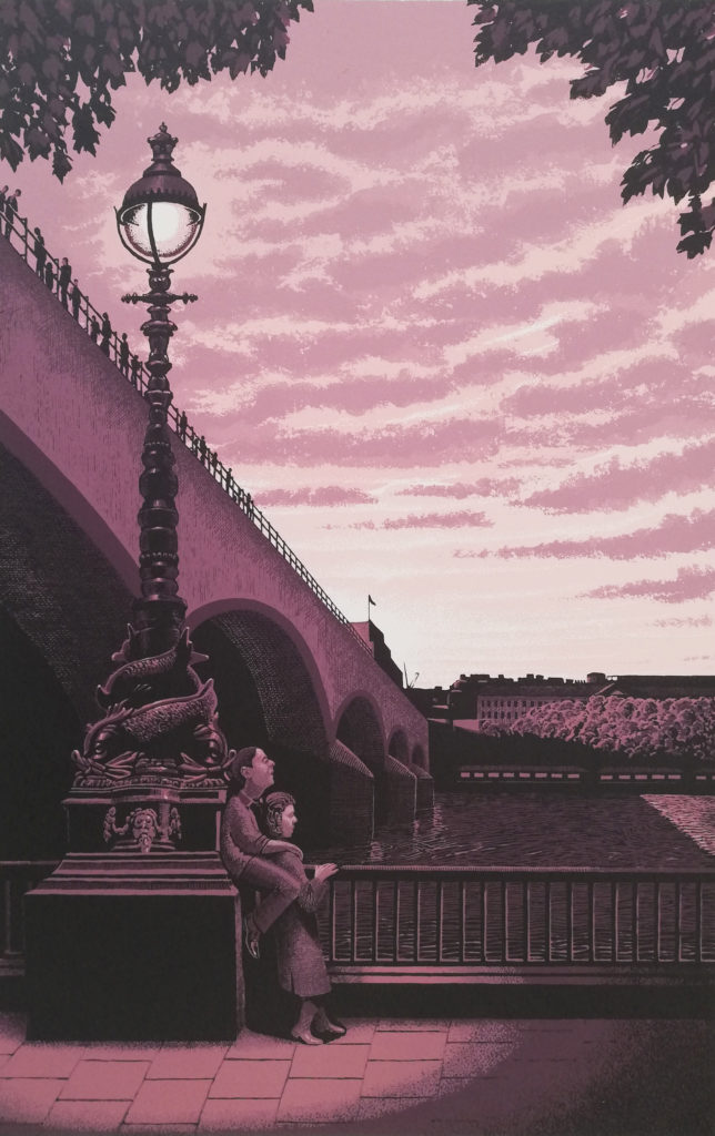 Screenprint of a couple by the Thames and Waterloo Bridge, evoking the Kinks song Waterloo Sunset