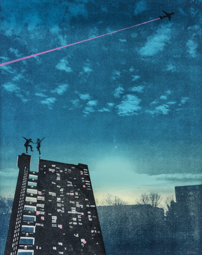Screenprint of a Fred Astaire and Ginger Rogers-style couple dancing in the sky above Trellick Tower